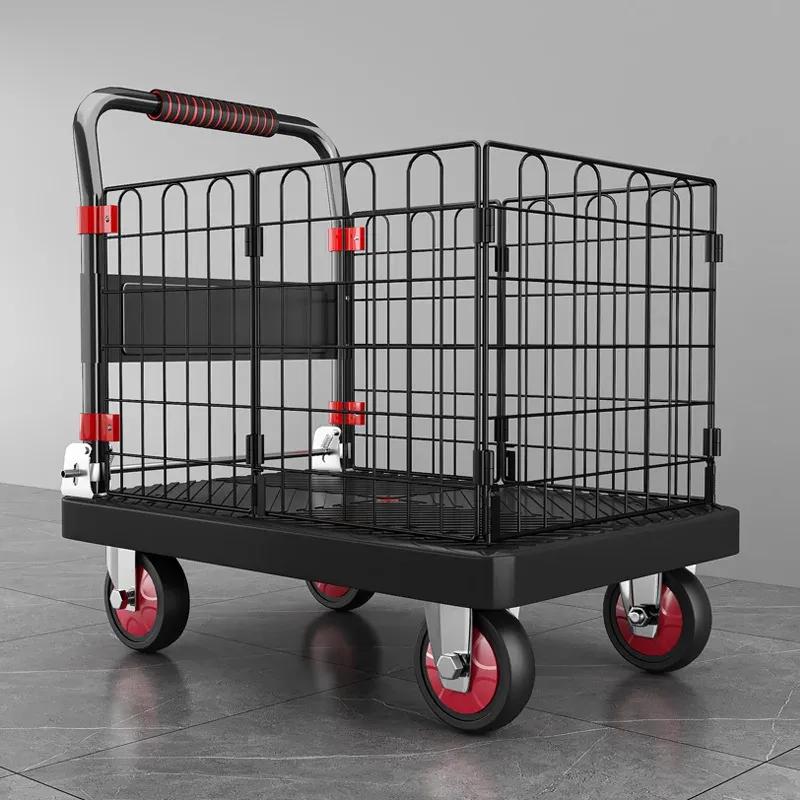 Fence flatbed cart folding silent trolley household pull trolley handling four-wheeled small trailer small pull truck