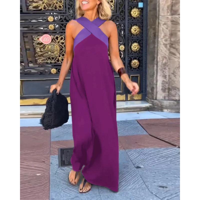 Summer Sleeveless Loose Casual Long Dress New Big Size Women A-line Cross Party Patchwork Dress Sweet Streetwear Sexy Clothing