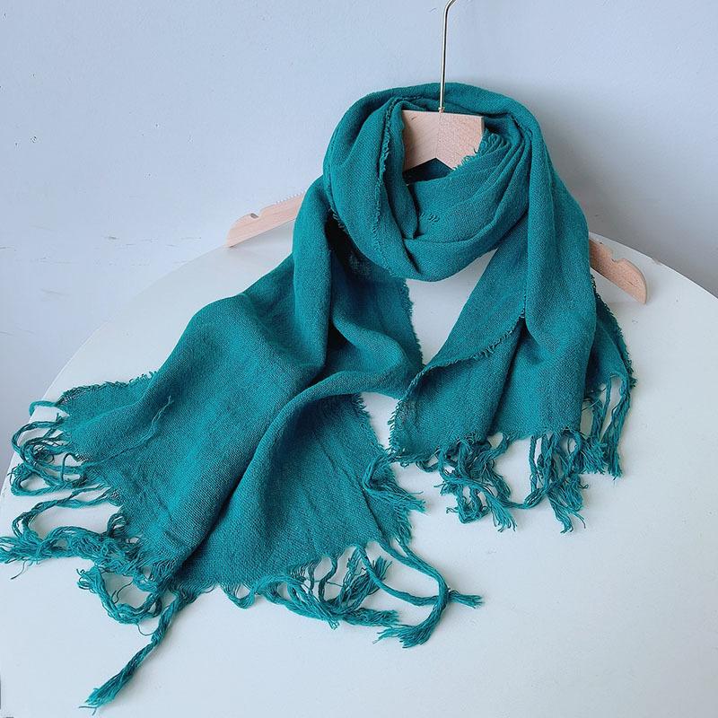 Универсальный Ретро Этнический Однотонный Узкий Хлопково-Льняной Шарф Женский Летний Защита Шеи Мягкий Тонкий Полосатый Шаль павлин голубой