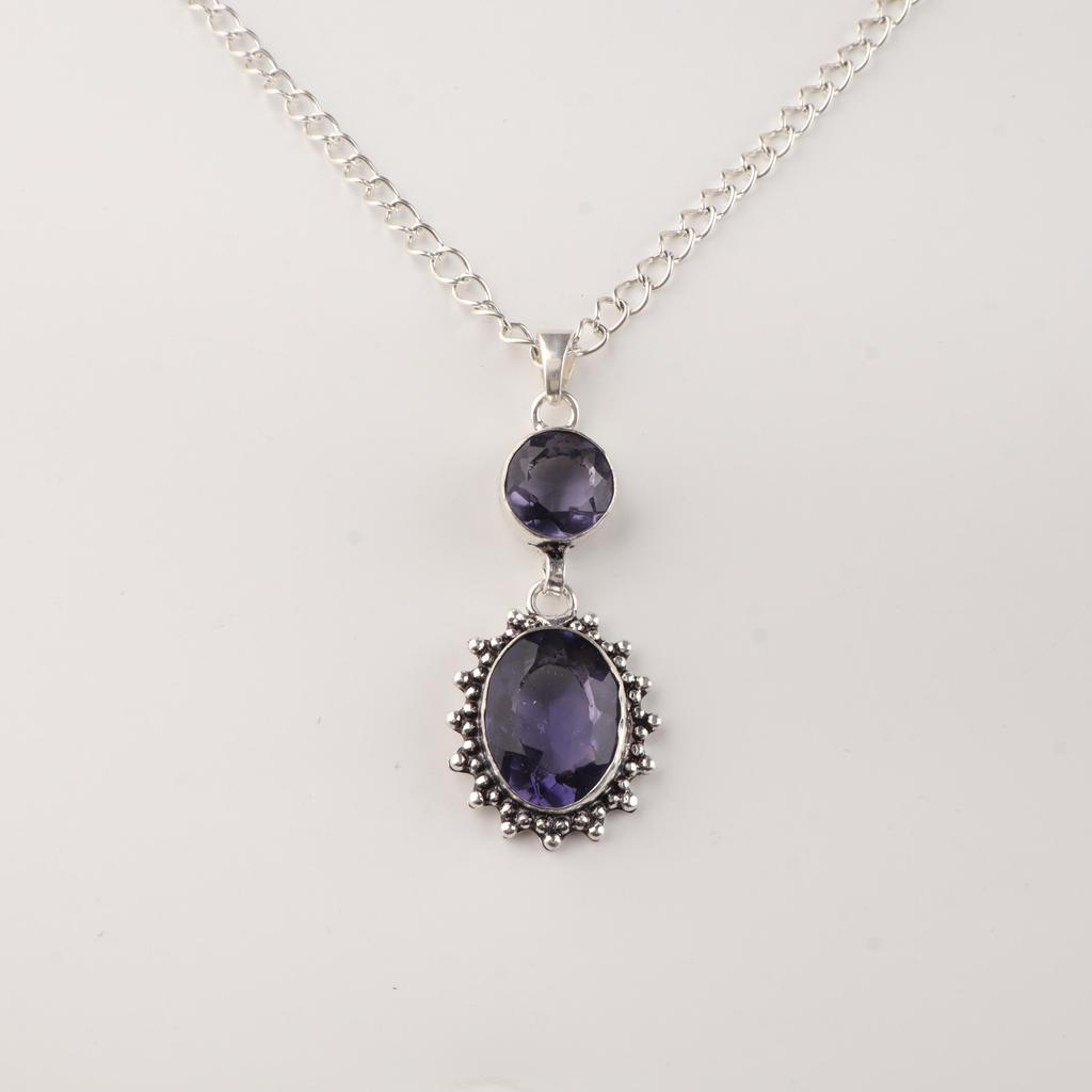 Iolite Gemstone 925 Sterling Silver Handmade Designer Pendant 1.7" Elegant Partywear Pendant , Engagement Gift VPP-4-15