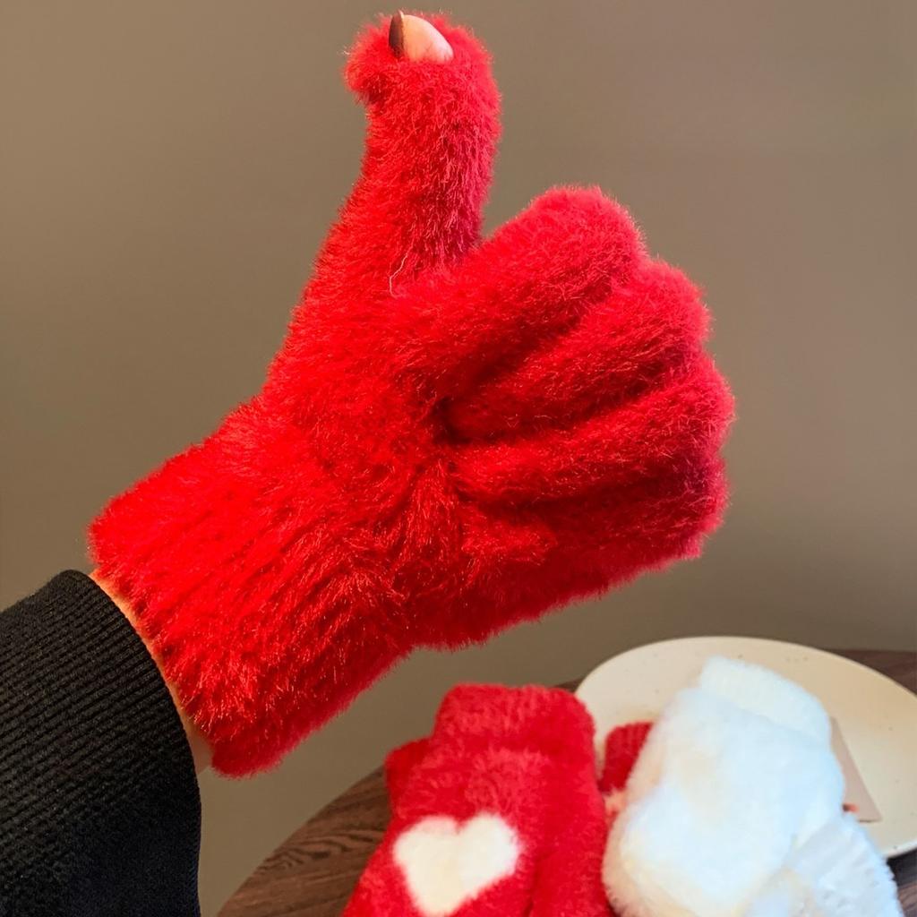 Red Love Plush Knitted Gloves for Women Velvet Cold Proof, Rideable Autumn and Winter Fingerless Touch Screen