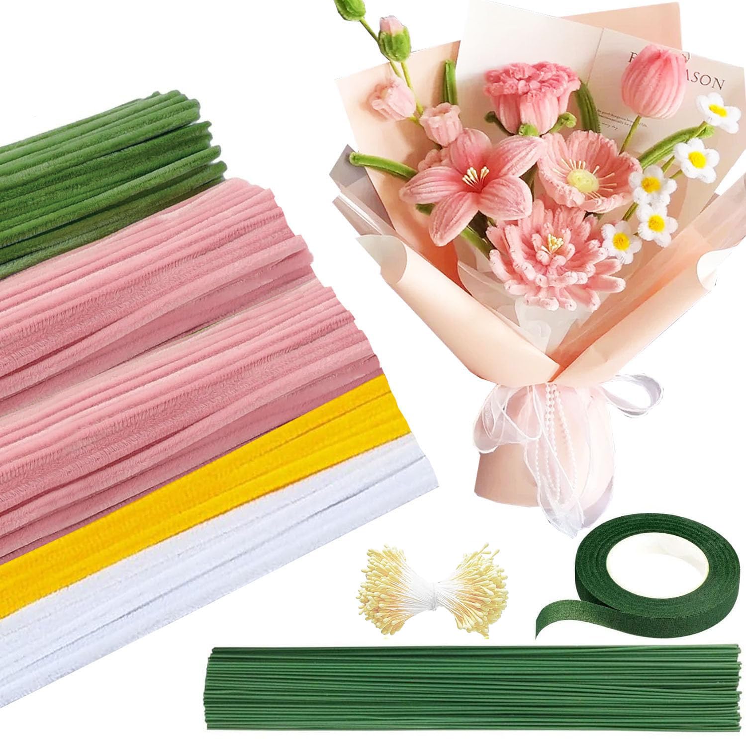 ShinyWay Craft Mall Fluffy Artificial Flower Set 330 Pieces 6mm 30cm High Density Double-Headed Anther Winding Wire DIY Decoration Gift Pink