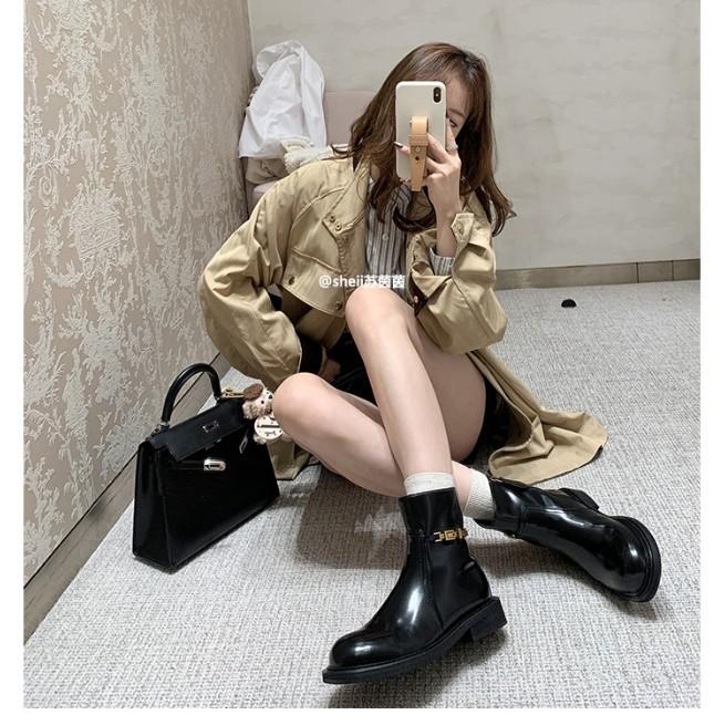 [sheii Su Yinyin] Noble Boots~ Side Zipper Small Gold Buckle Chain Leather Locomotive Martin Short Boots Women's Thin Boots