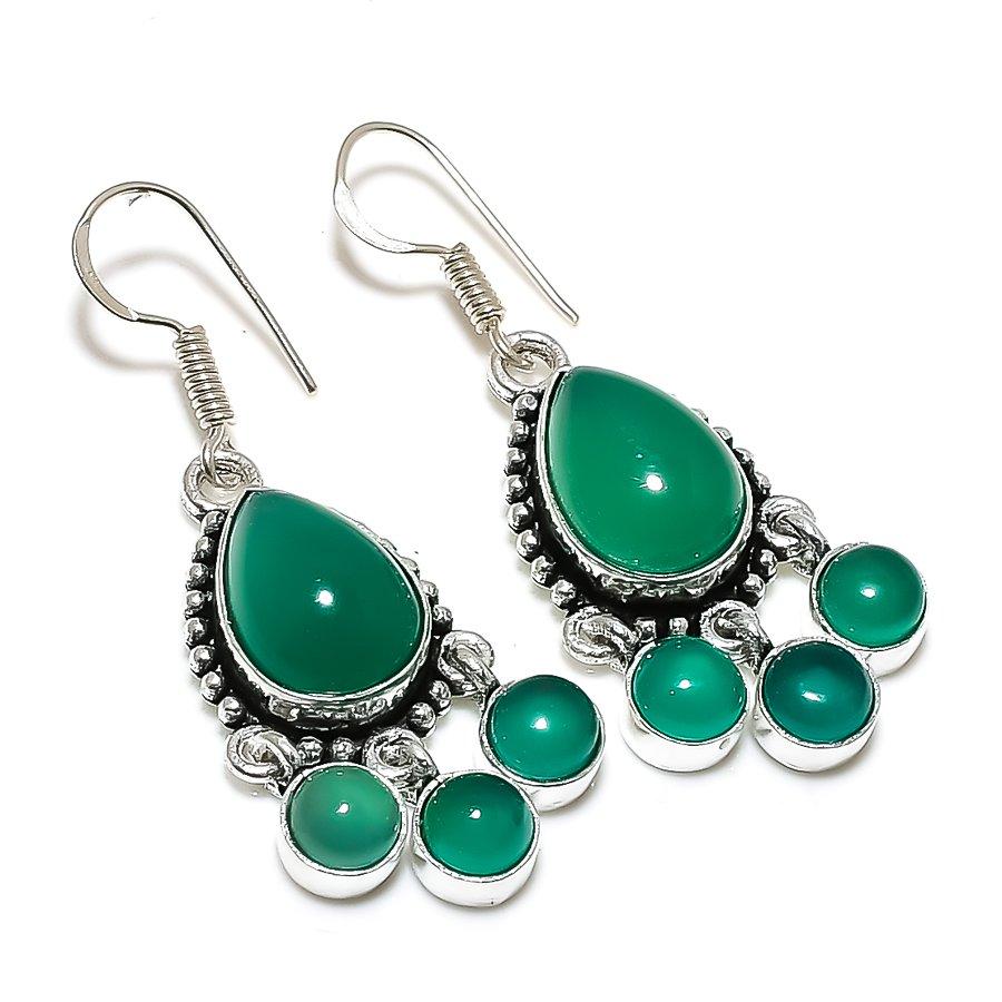 

Этнические ювелирные серьги ручной работы с зеленым ониксом и драгоценным камнем 1,85 дюйма VR-4126