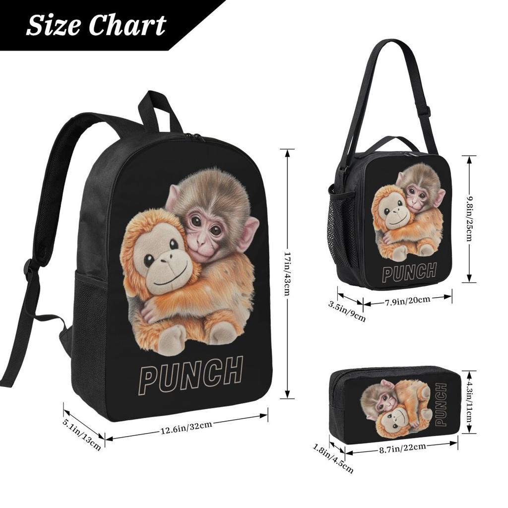 Punch The Monkey Holding Plush Toy Kids Backpack Lunch Box Pencil Boxes for Boys Girls Backpacks Cute School bag Bookbag Set