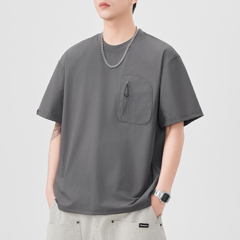 New Summer Short-sleeved T-shirt for Men's Loose Round Neck Pocket Solid Color T-shirt Versatile Casual