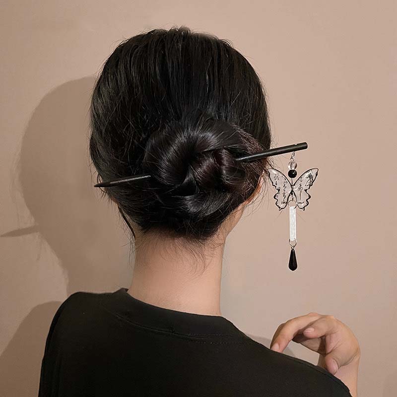Chinese Style Butterfly Tassel Hair Clips Pins For Women Vintage Wood Chopstick Shaped Hairpin Hair Stick Hair Accessories