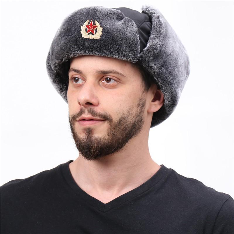 Winter Warm Military-Style Earflap Hat Men Women With Embroidered Soviet Emblem Windproof Outdoor Cap