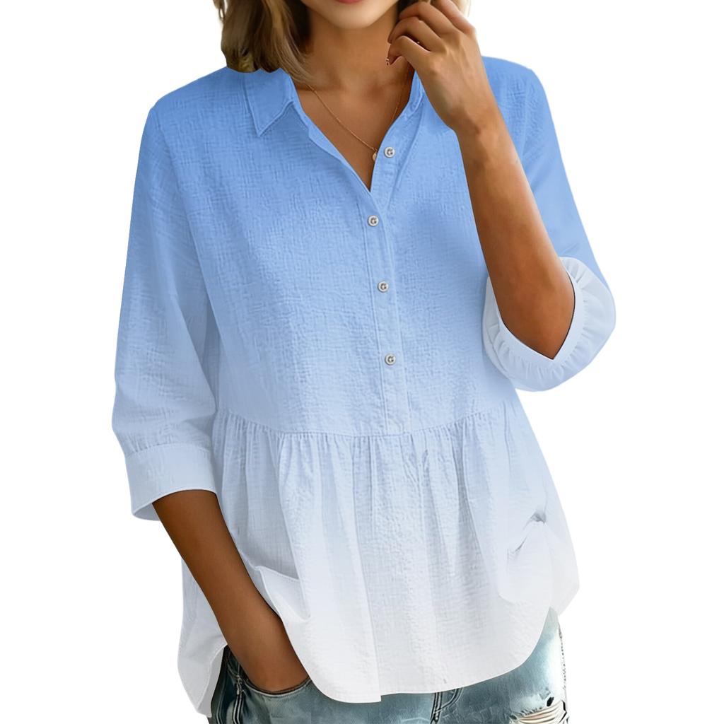 Women's Gradient Print Button Down Blouse - Three Quarter Sleeve, Notched Lapel, Loose Fit Casual Shirt Top