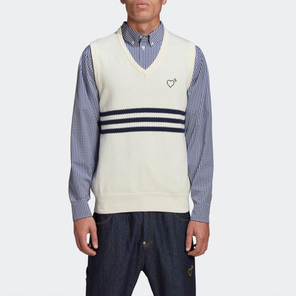 Adidas Originals X Human Made Heart Embroidered Logo V-Neck Striped Knit Vest Men Tops White GM4631
