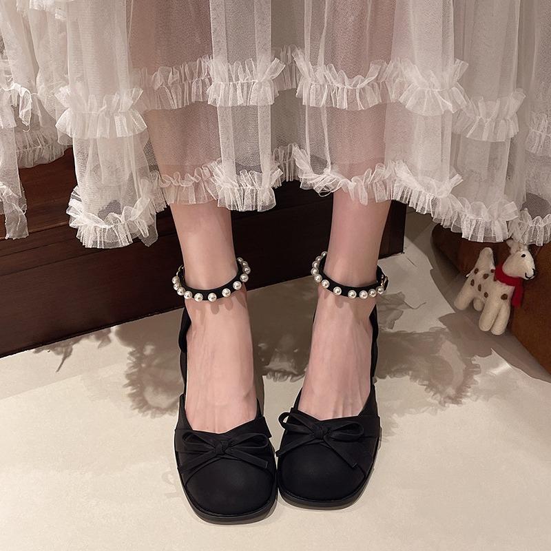 Fashion French Bow Block Heel Mary Jane Shoes Women's Summer New Square Toe Shallow Mouth Beaded High Heel Fashion Sandals
