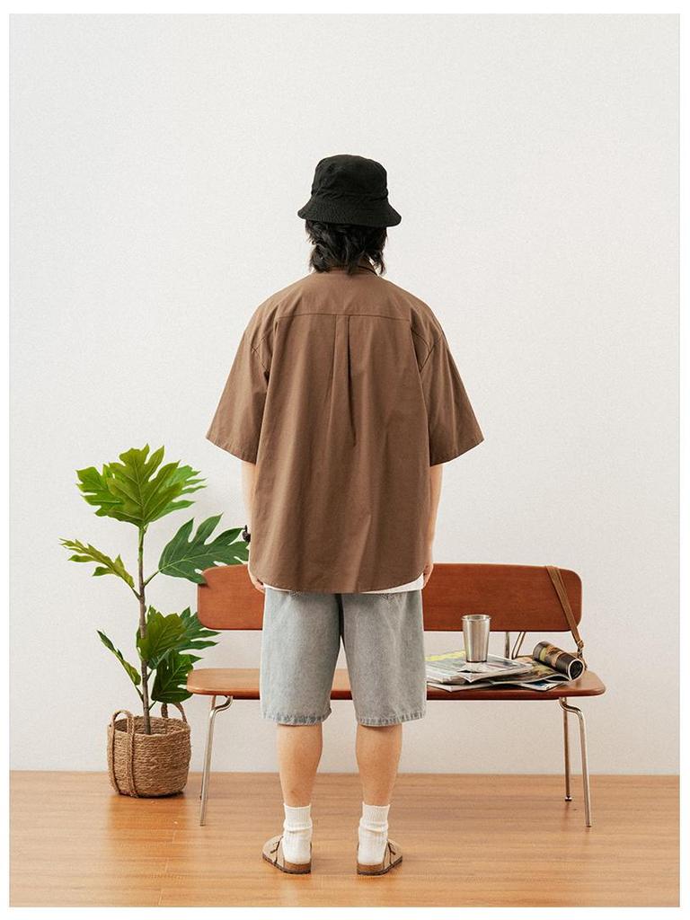 Hanlu Heren Japans Stijl Patchwork Kortmouw Werkkleding Shirt met Dubbele Zijzakken