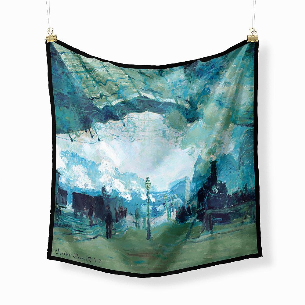 Famous Oil Painting Twill 100% Silk Scarf Fashion Bandana Women Scarf Wraps 53cm Square Scarves Hijab Head Scarf Neckerchief