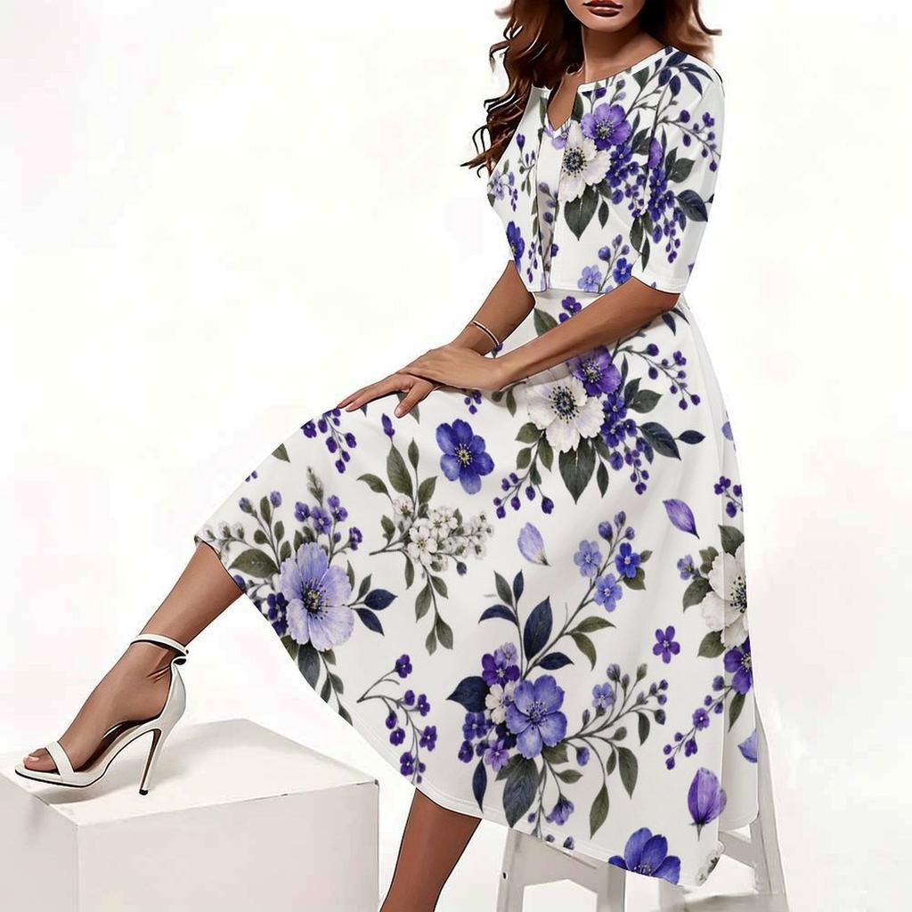 Women Plus Size Two Piece Dress Set V Neck Floral Printed Red Poppy White Midi Dress