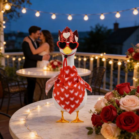 Valentine's Day Porch Goose Outfit Yard Goose Costume Lawn Goose Accessories Includes Red Heart Bib Hat Glasses for 23" Cement or Plastic Goose Statue