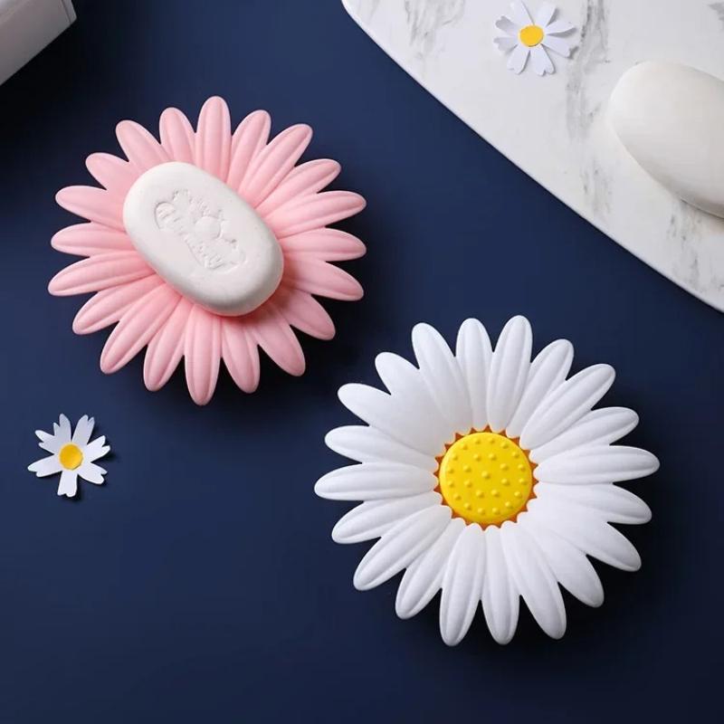 

2pcs Daisy Soap Dishes Non Perforated Household Cute Soap Holder Daisy Flower Double-layer Draining Soap Box Holder Bathroom Pro