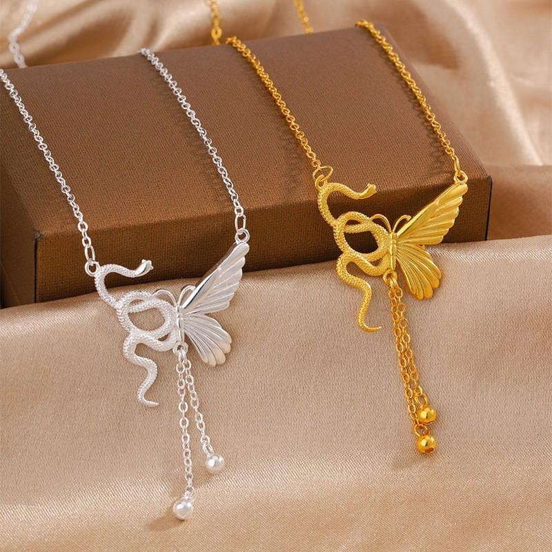 Sterling Snake Butterfly Necklace Womens Luxury Minimalist Clavicle Chain New Chinese Style Pendant