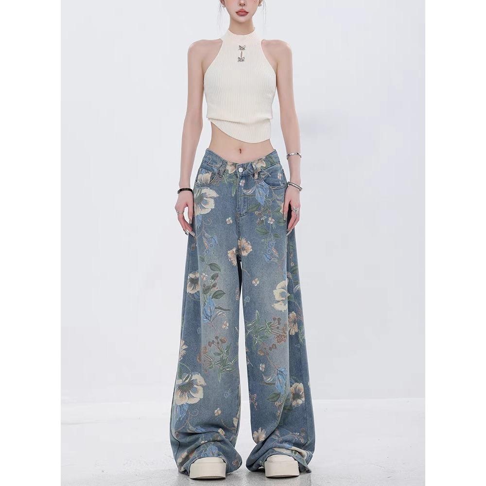 

Широкие джинсы женские весна и осень новые свободные с высокой талией драпированные универсальные брюки до пола карман темно-синие прямые брюки S [recommended 85-47.5 kg] синий