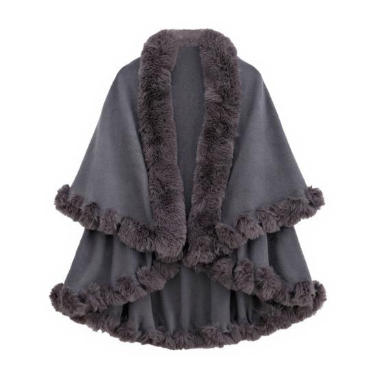 Women Cape Shawl with Fur Collar Soft Warm Wrap Double Layer Knit Cardigan Acrylic Warm Poncho for Fall Winter