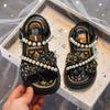 Kids Floral Print Pearl Decor Platform Open-Toe Sandals
