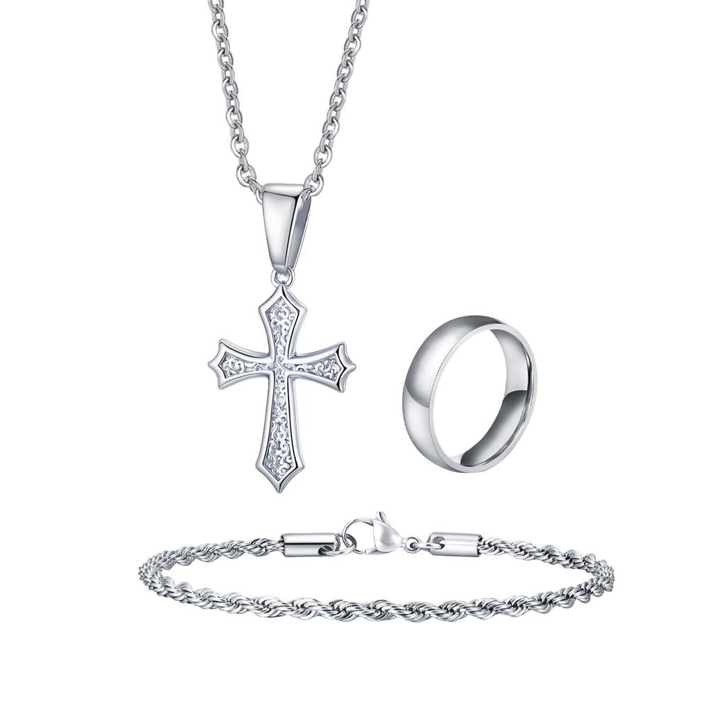3pcs/set Men's Stylsh Cross Necklace Set,Stainless Steel Twistd Rope Chain Wristband,Cool Hip Hop Jewelry Set Gift