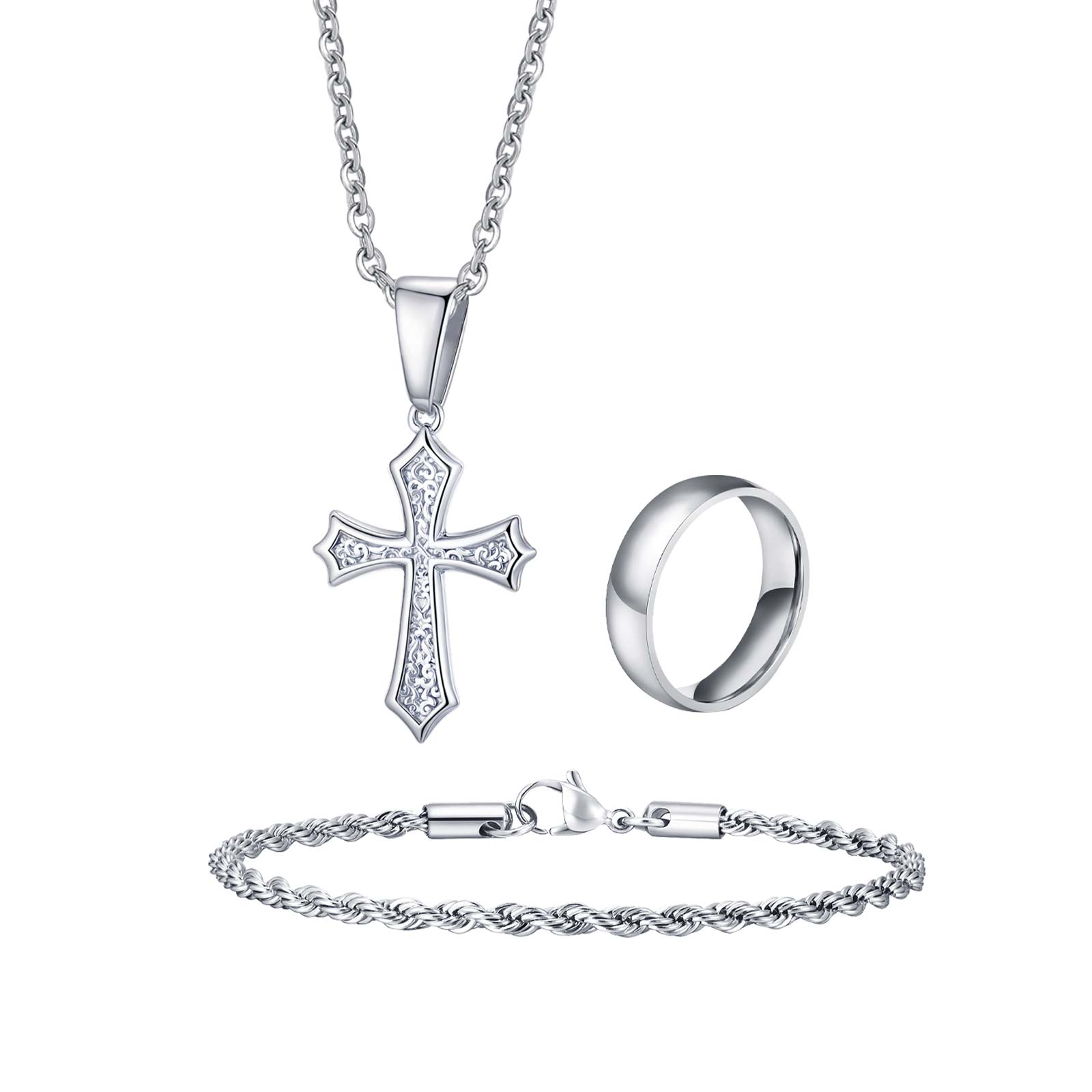 Vnox Men s 3pcs/Set Fashion Stainless Steel Jewelry Set, Cross Pendant Necklace, Twisted Rope Chain Bracelet, Ring Jewelry Set 7 серебряный