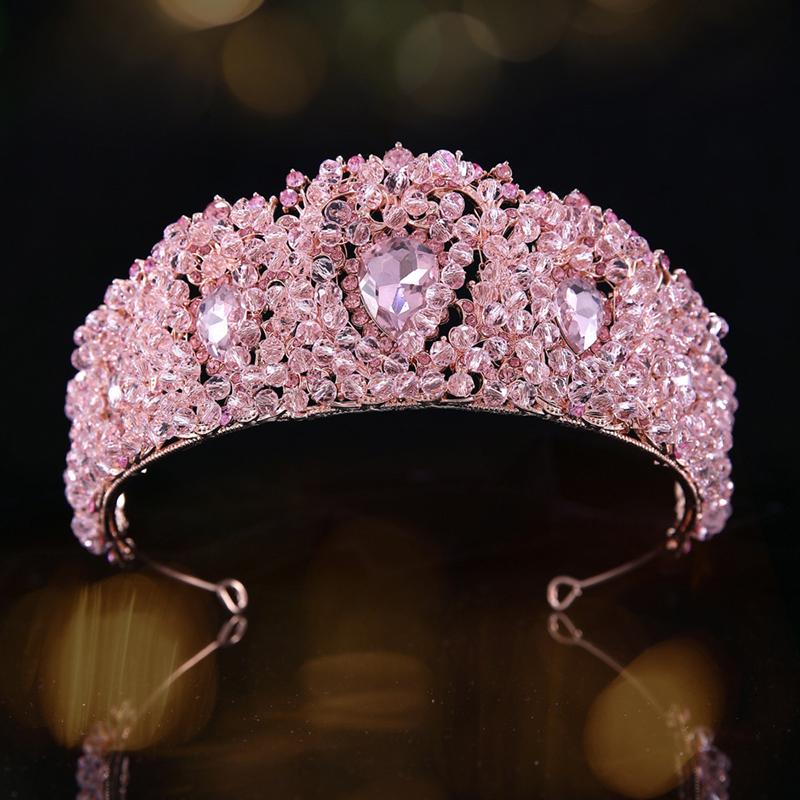 Princess Pink Crystal Tiara for Bridal Baroque Headpiece Party Wedding Crowns GH0681