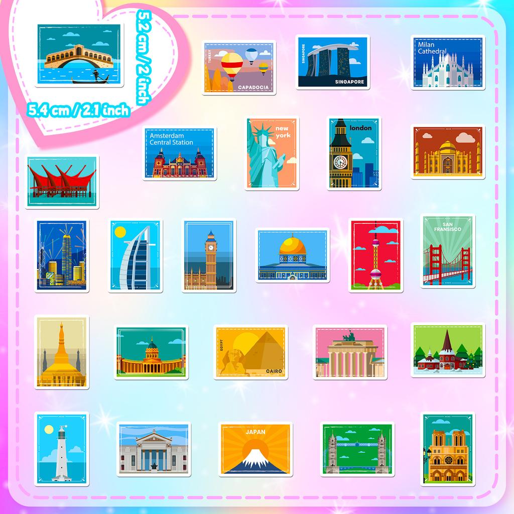 50 Posters Landmark Stickers Travel Diary Oil Painting Style World Landmark Architecture Travel City Posters