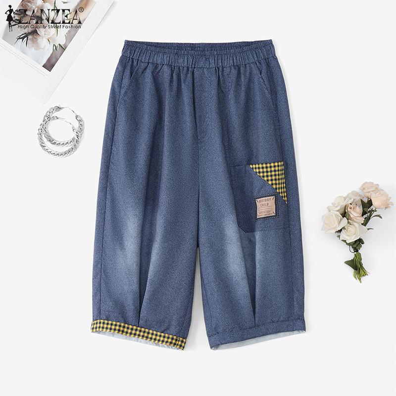 ZANZEA Women Casual Elastic Waist Summer Print Capri Pants