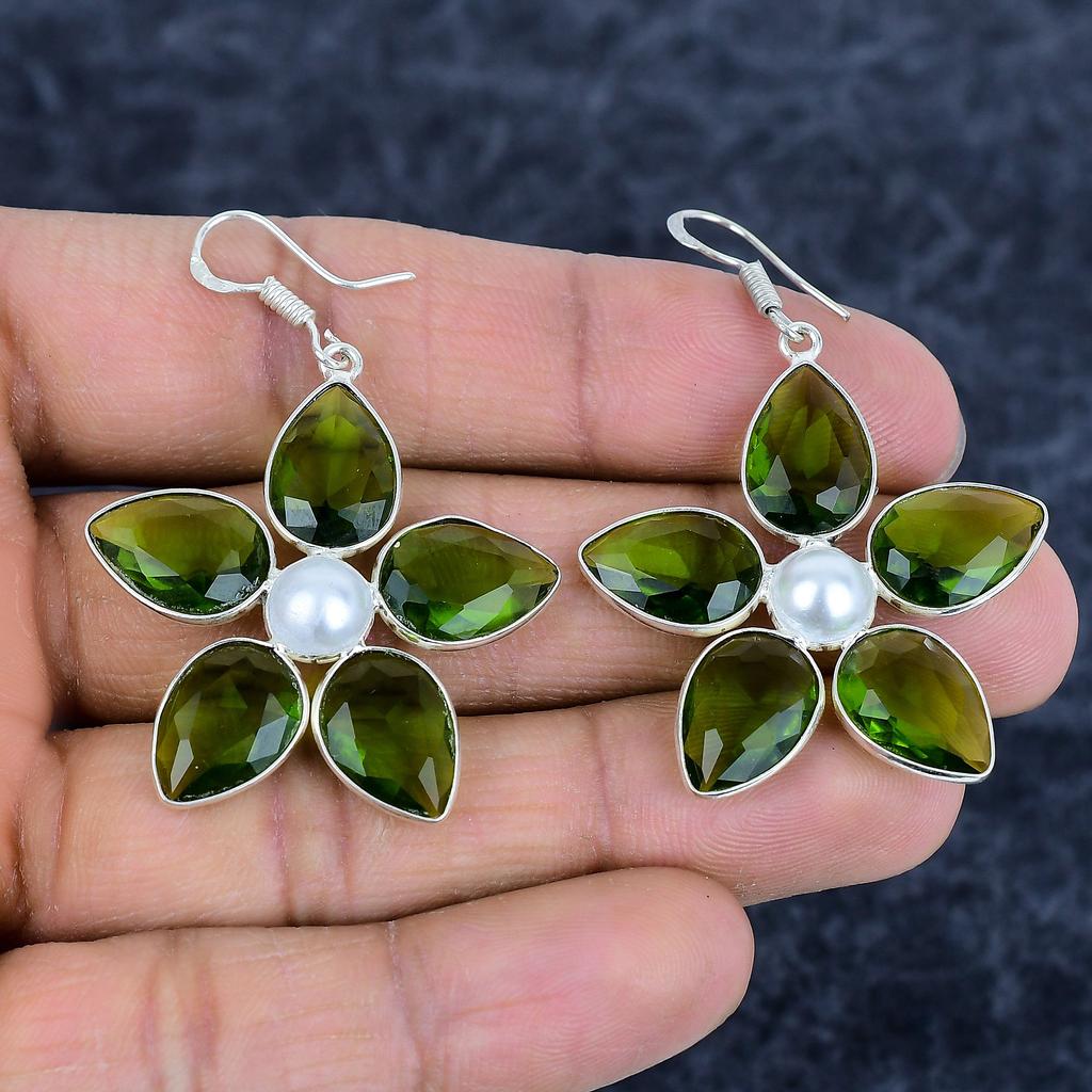 Peridot, Pearl Gemstone Handmade 925Sterling Silver Jewelry Earring 2.17" M-3147