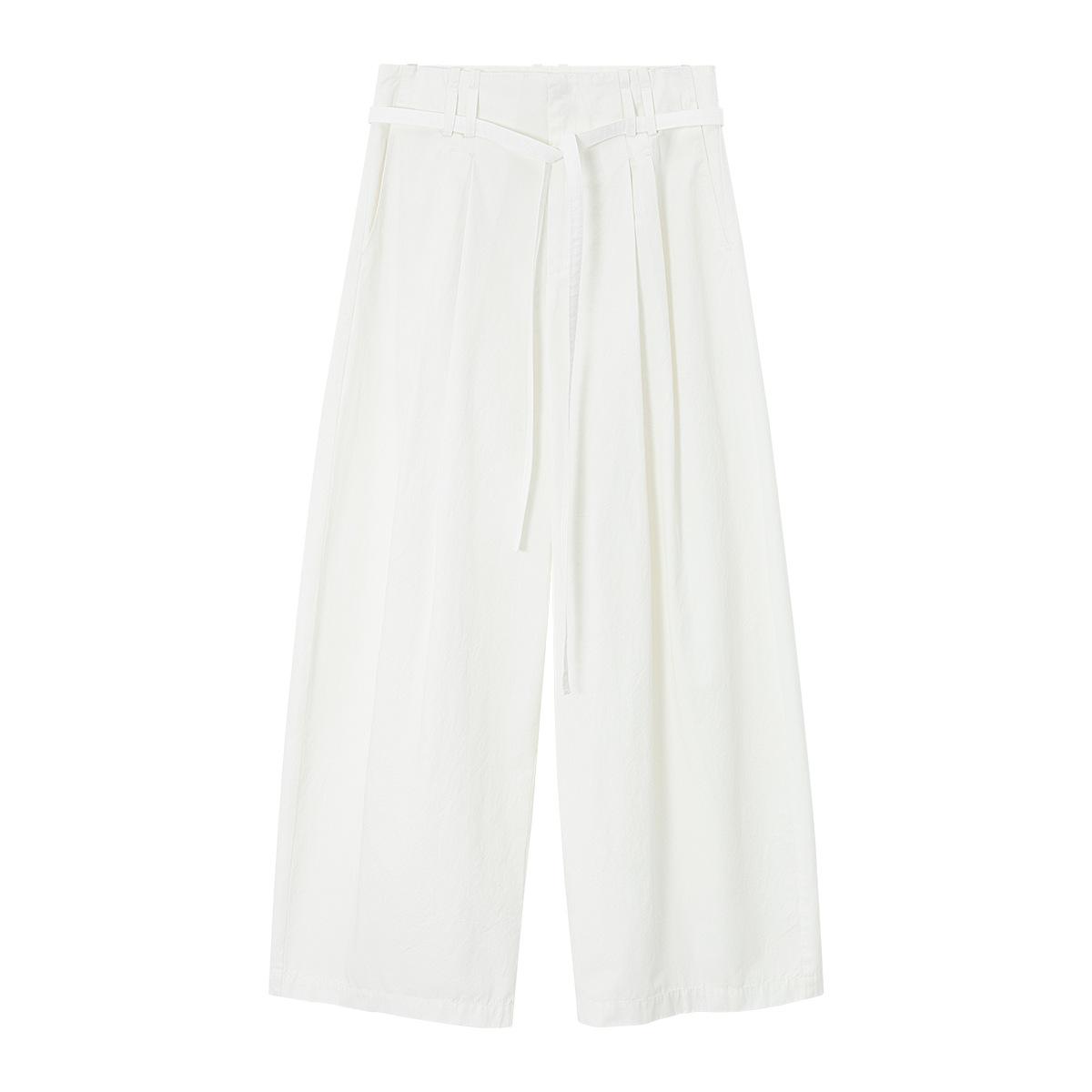 [COLNE] Spring Pure Cotton Curved Tie-Up Wide-Leg Pants Small белый
