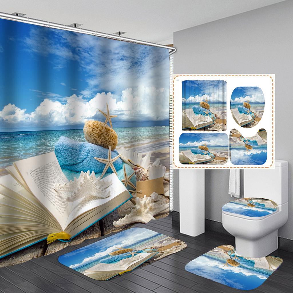 4ks Beach Starfish Series Sady sprchových závěsů do koupelny Protiskluzové Koupelnové koberečky Víko WC Kryt Koupelnová předložka