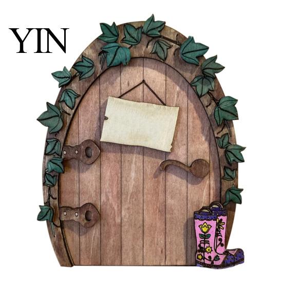 Hand Painted Rabbit Decorations Wooden Fairy Door Decor, 2D Gnome Elf Ornament, Bunny Mushroom Springtime Living Room Embellishments Wood Craft, House