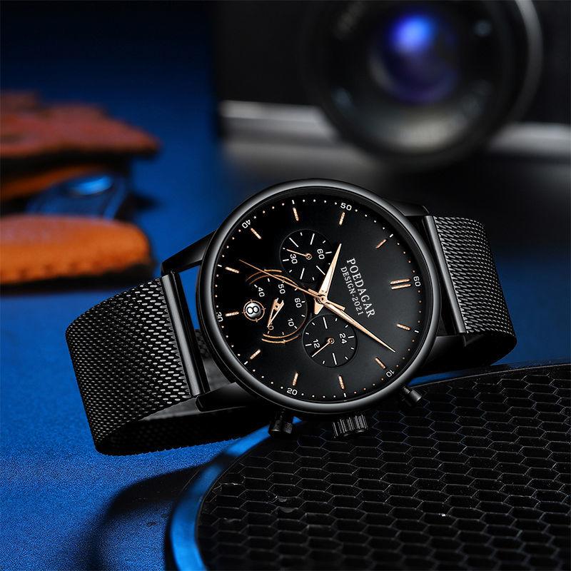 Men Watch Fashion Chronograph Slim Stainless Steel Mesh Quartz Men's Wristwatch Waterproof Luminous Date Sport Watch
