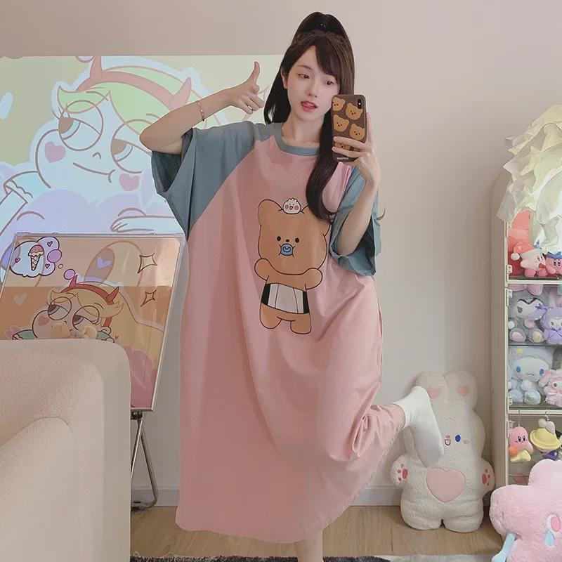 Women's Plus Size Cotton Nightdress - Cute Cartoon, Round Neck, Long Sleeve, Spring/Summer