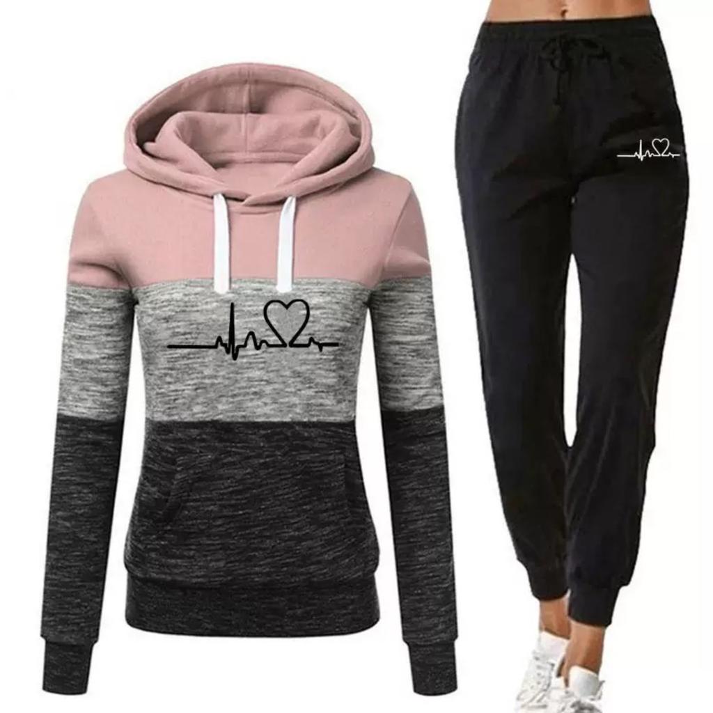 Women Tracksuit Printing Hooded Sweatshirt Sweatpant Color Block Versatile Casual Jogging Pullovers Sport Trousers Outfits S-3XL