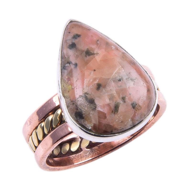 Natural Rhodonite Gemstone Handmade 925 Sterling Silver Two Tone Ring S.7 W9D95