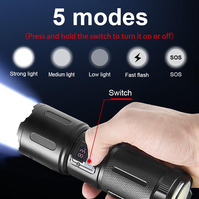 Ultra Bright Flashlight 30W LED Powerful Flash Light Rechargeable Torch COB Lamp Telescopic Zoom Hand Light Outdoor Lantern