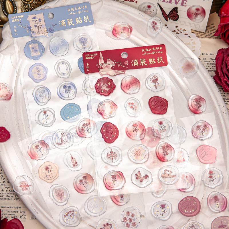 2pcs Roses Series Drip Glue Flat Sheet Sticker Relief Hot Stamping Notebook Gift Decoration Sticker