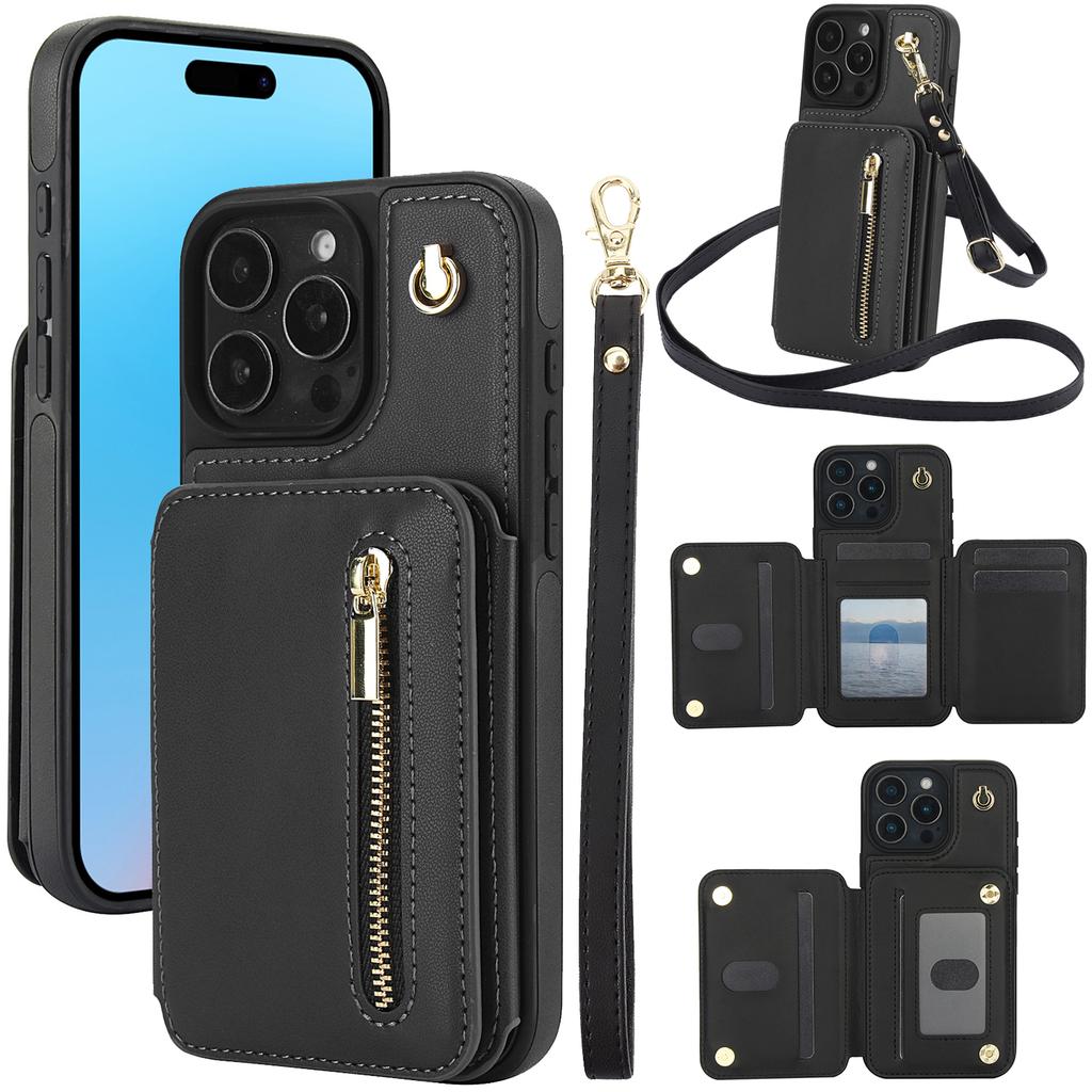 Card Slots Zipper Leather Wallet Case Flip Phone Case for For Iphone 11 12 13 14 15 16 17 Pro Max Plus Promax 16e Ring Lanyard Purse