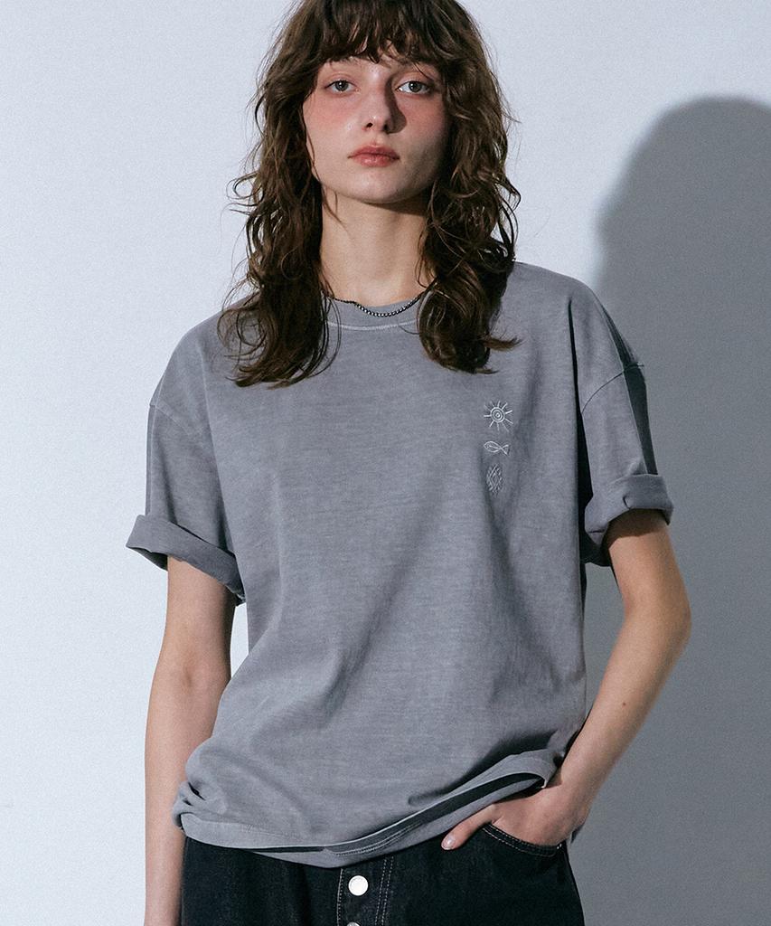 GAKKAI UNIONS Symbol Over-Crop Pigment Embroidered T-Shirt Stone Grey