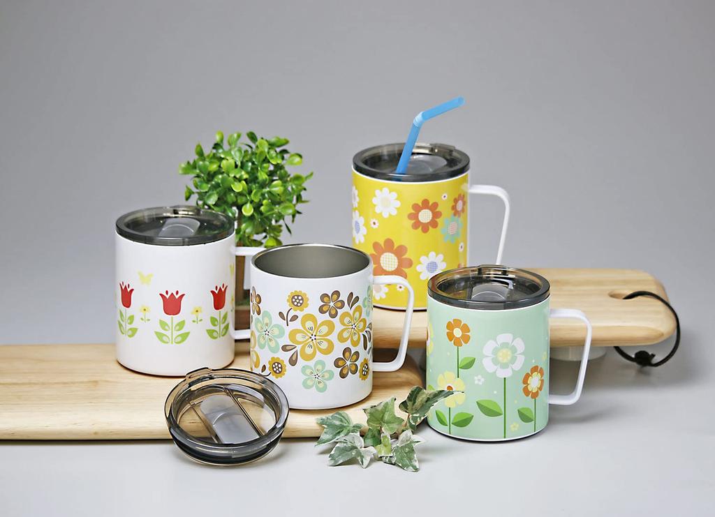 OGURA with Stainless Vacuum Insulates for Hot or Cold Retro Showa Romantic Margaret Mug, 350ml, Lid, Steel, Insulated, Drinks, Design,