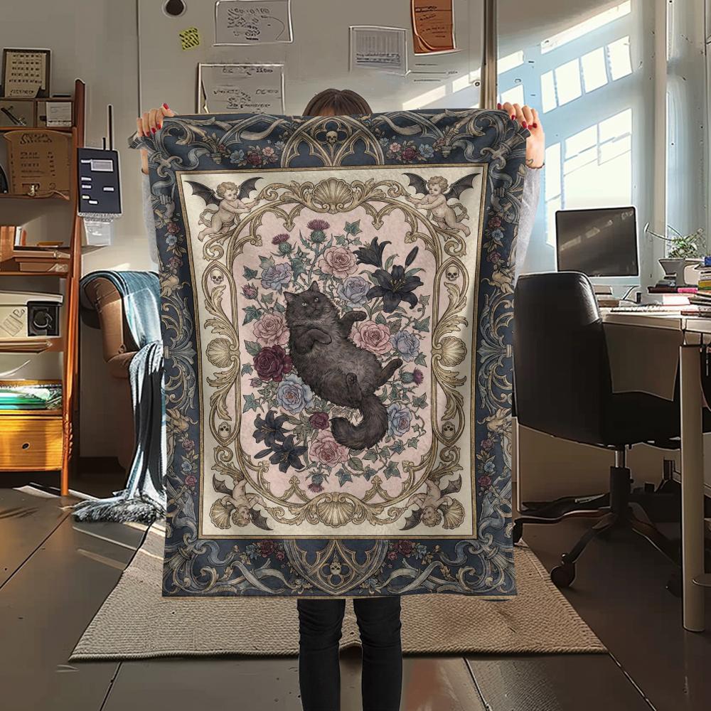 Cat Gothic Print Flannel Blanket, High quality Comfortable for All Seasons, Home Decor, Warmth and Comfort, Perfect for Christmas Gifts07