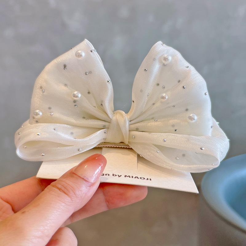 Pearl Bow Girl Headwear Mesh Velvet Hair Clip Party Girl Dance Hair Accessory Hair Clip Red