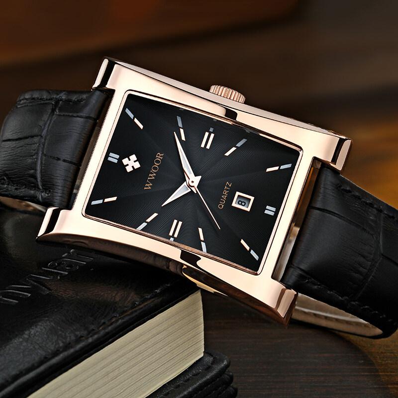 WWOOR Classic Fashion Mens Rectangle Watches Male Gold Brown Leather Quartz Waterproof Wrist Watch