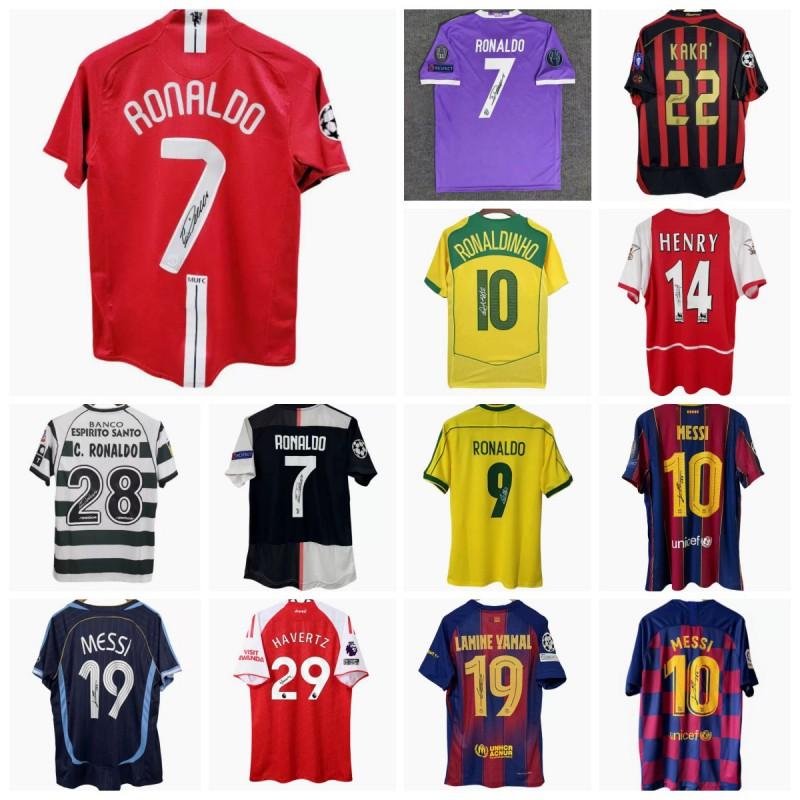 Retro Soccer Jersey Signed Edition Cristiano Ronaldo Beckham Kaka Ronaldinho Messi Short Sleeve Football Shirt Men Women