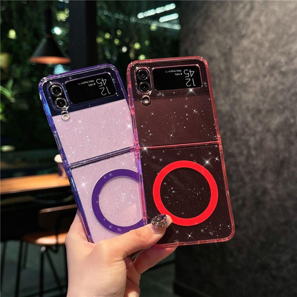 Suitable for Samsung Zflip6 Mobile Phone Case Magnetic Folding Zflip5 4th Generation Transparent Flash Powder Anti Fall Protection Case