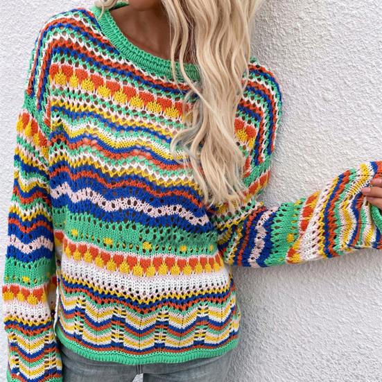 Loose Casual Women Sweater Round Neck Long Sleeve Contrasting Color Stripe Knitted