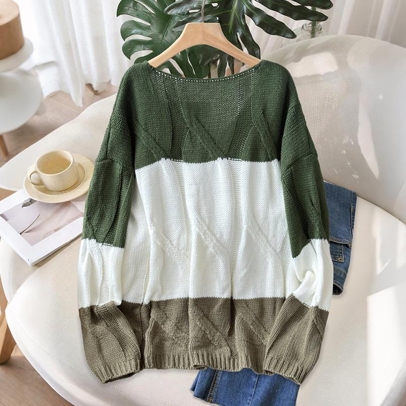 New Color-blocked V-neck Sexy Top Oversized Loose Early Autumn Sweater