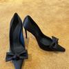 Satin Heel Single Shoes Women's Pointy Toe Shallow Mouth Butterfly Knot Set Foot Anti-slip Wear-resistant High Heels